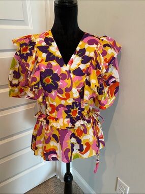 J. Crew Floral Ruffle Wrap Blouse in Yellow, Pink & Purple